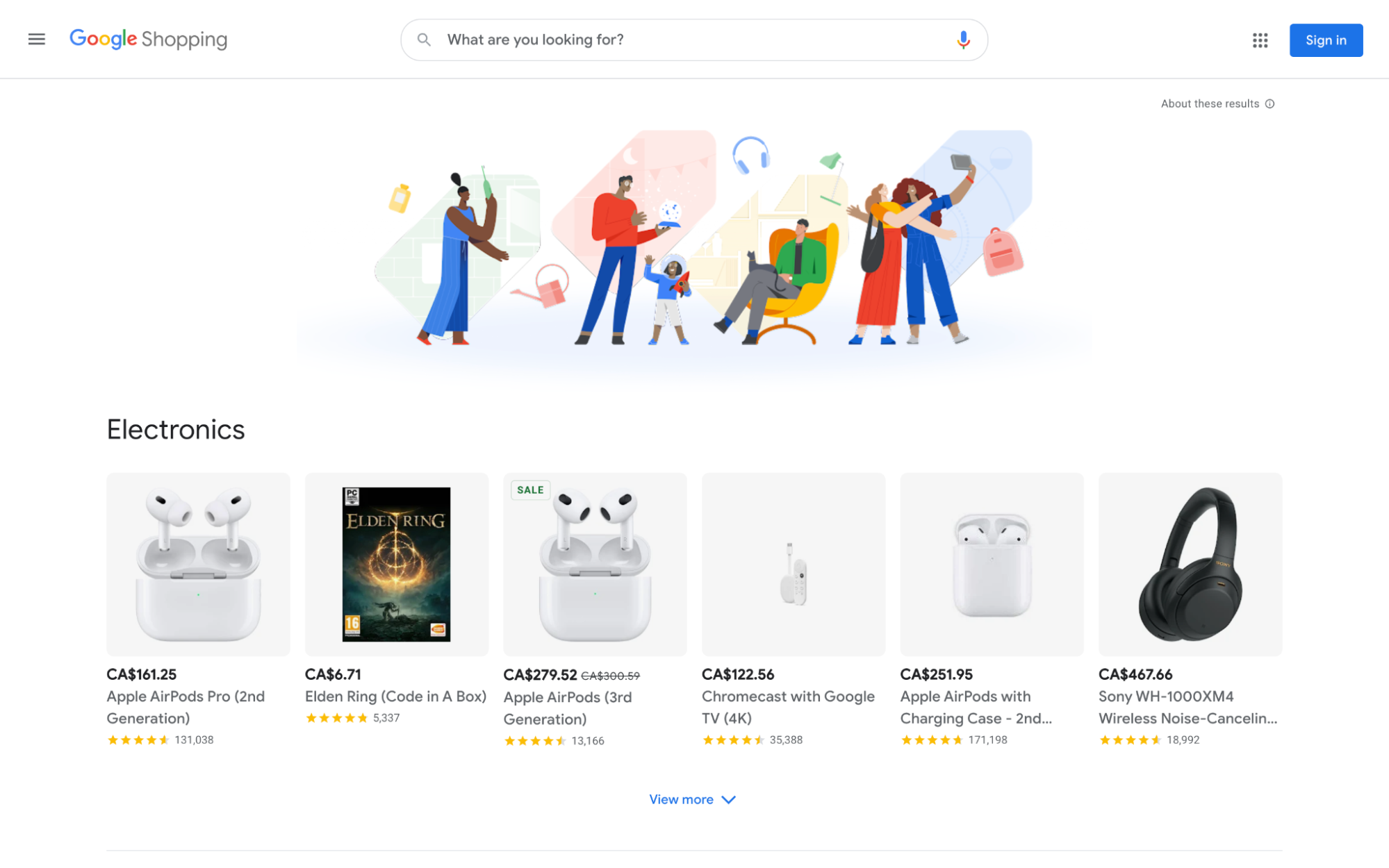 Product listings (headphones and video games) below an illustration of shoppers and a Google search bar.
