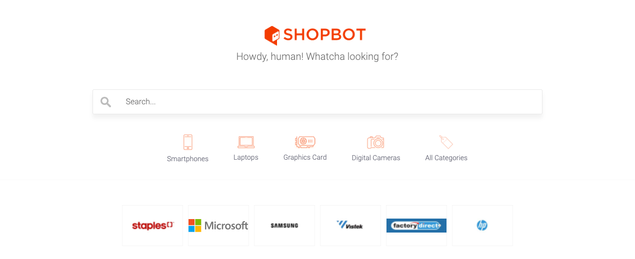 Shopbot logo above a search bar and tech product category icons.