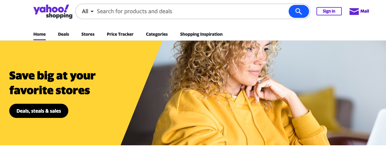 Yahoo Shopping Price Comparison Website with a banner image of a person browsing an online store.
