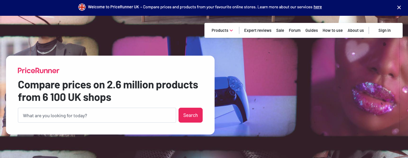 Pricerunner Comparison Website with a search bar before a background image of ecommerce products.