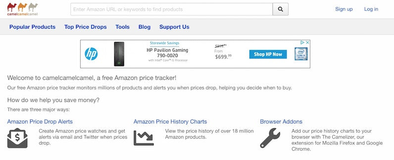 Information on an Amazon price tracker tool below a banner ad, navigation menu, and search bar.