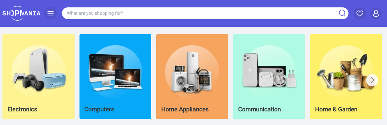 Boxes with montage of available products (e.g. electronics) centered under the site search bar.