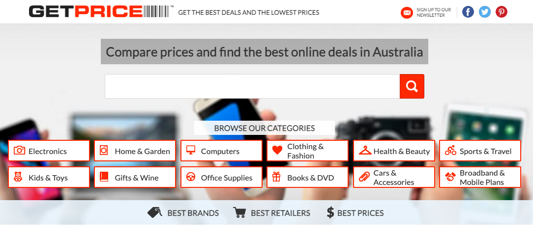 Getprice logo above a search bar and buttons for popular product categories (e.g. electronics).