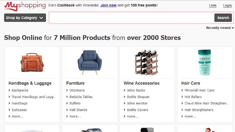 MyShopping Datafeed logo above a search bar and product categories including handbags and furniture.