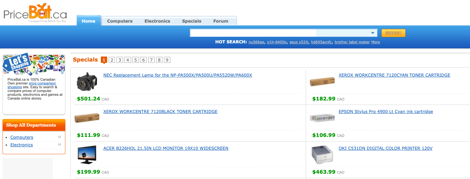 Pricebat Price Comparison Website featuring the best prices for office equipment including printers.