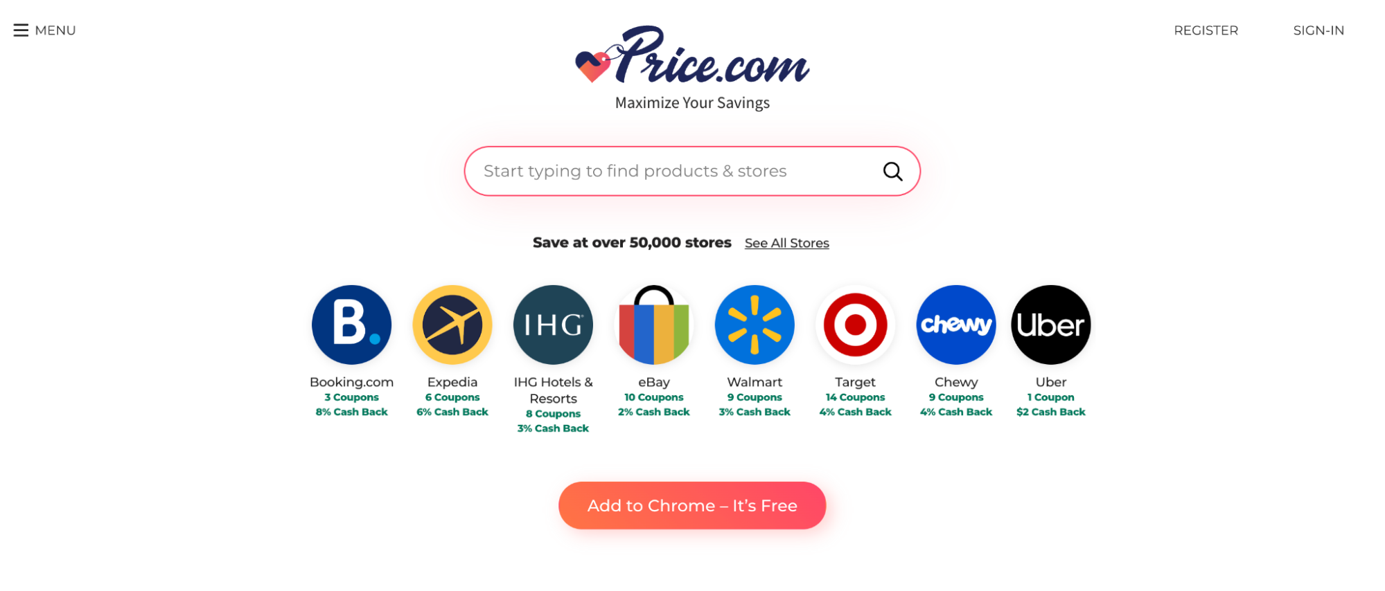 Price.com logo above a search bar and discount offers for major websites like eBay, Uber, and Target.